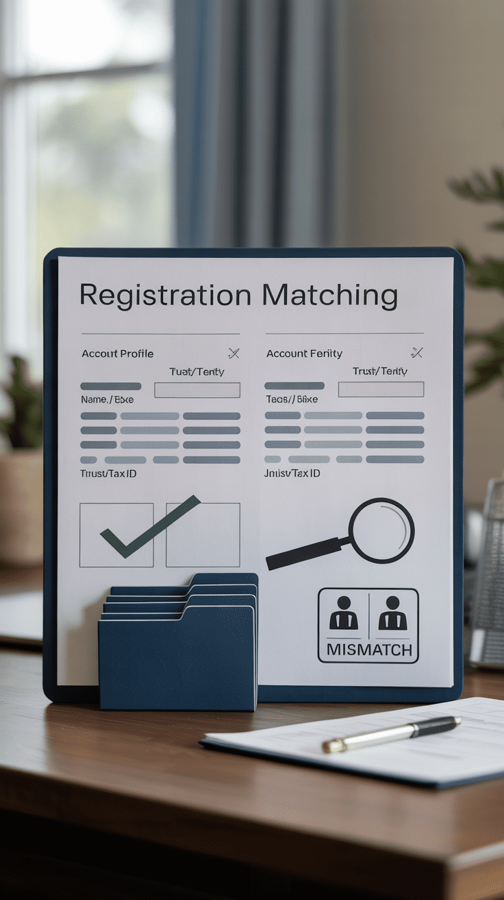 Two account registration sheets with a verification check concept illustrating why account titles and registrations matter in advisor transitions.