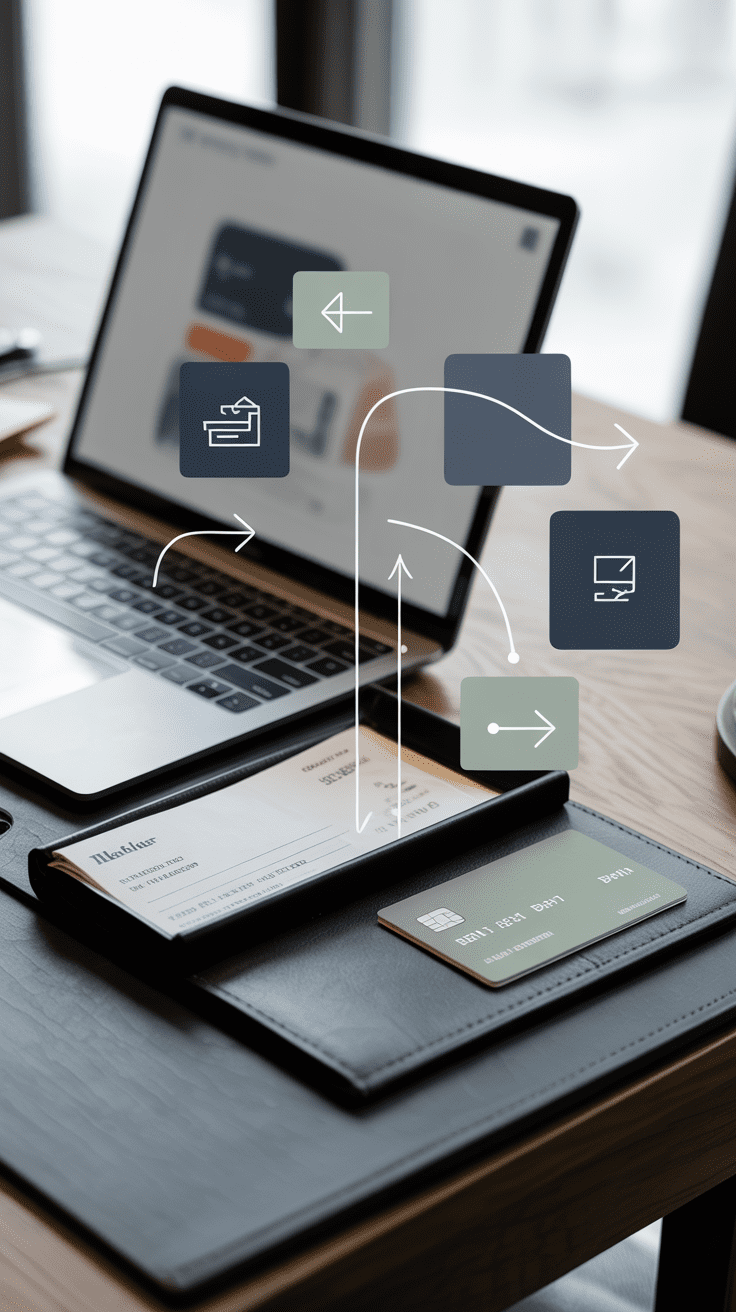 Modern desk with banking flow icons and payment tools illustrating what happens to ACH links, deposits, withdrawals, and checkwriting during an advisor transition.
