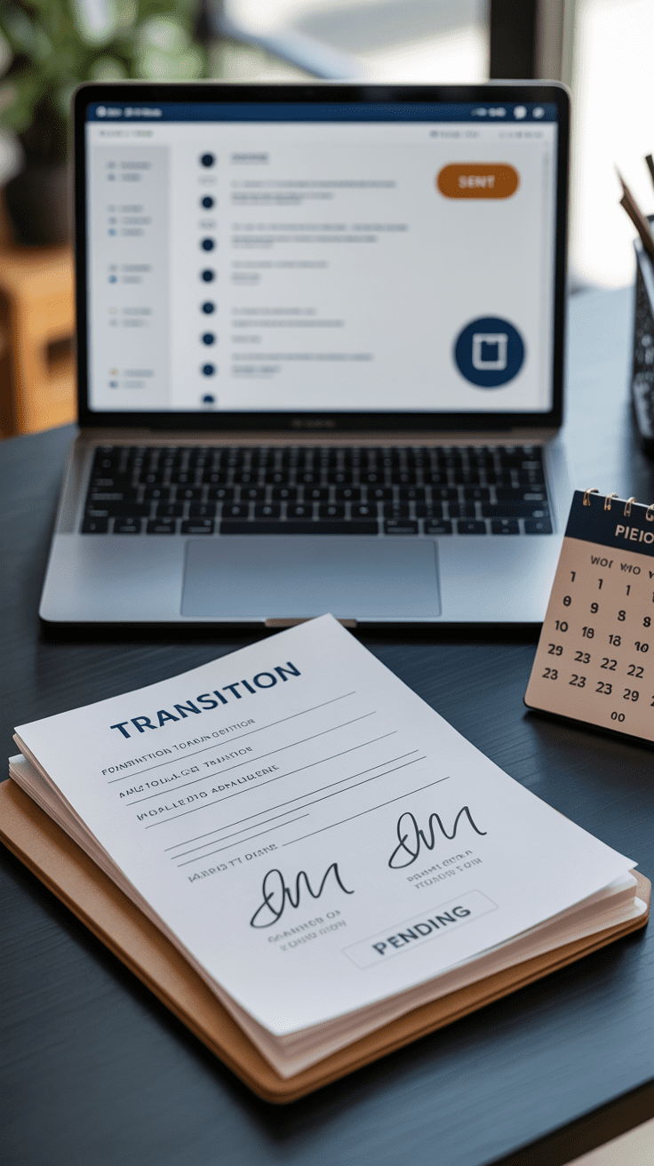 Task queue and pending signature documents illustrating what to do when clients delay transition paperwork during an advisor move.