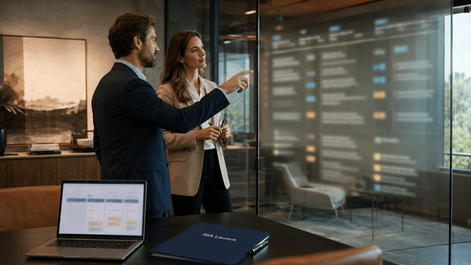 Advisor and operations lead reviewing an RIA launch plan and transition timeline in a modern office.