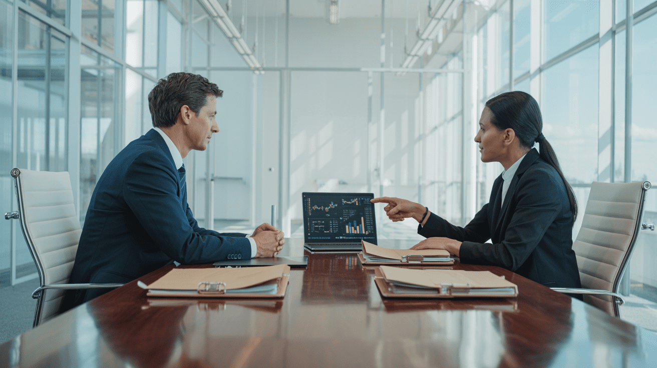 Financial advisor meeting with a transition operations specialist in a modern office, representing advisor transition execution services.