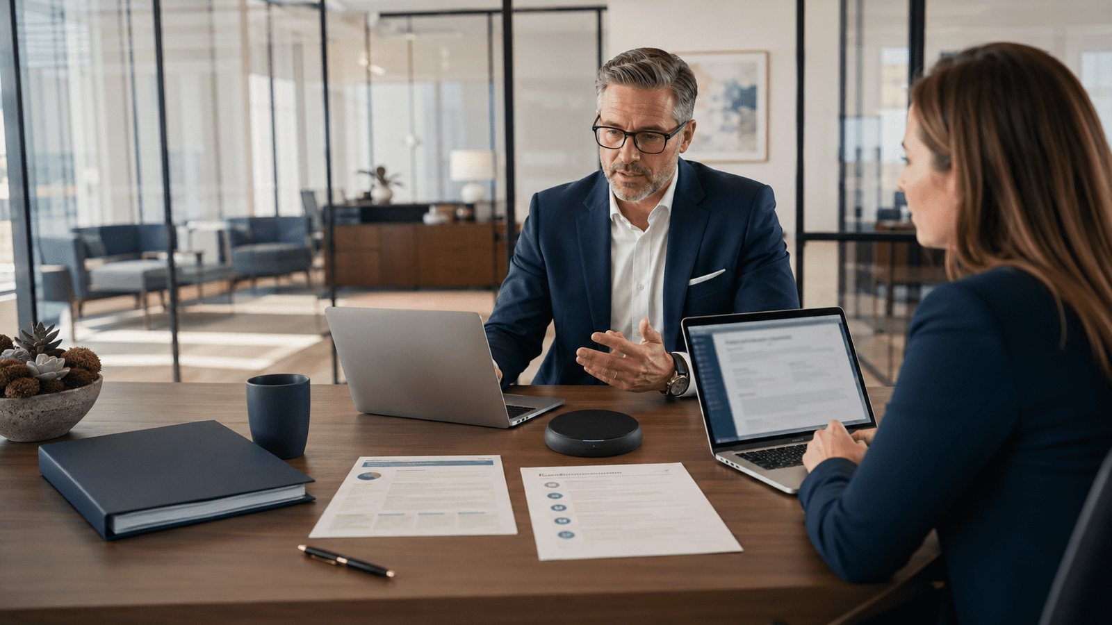 Advisor and operations lead preparing a client communication plan during a practice transition in a modern office.