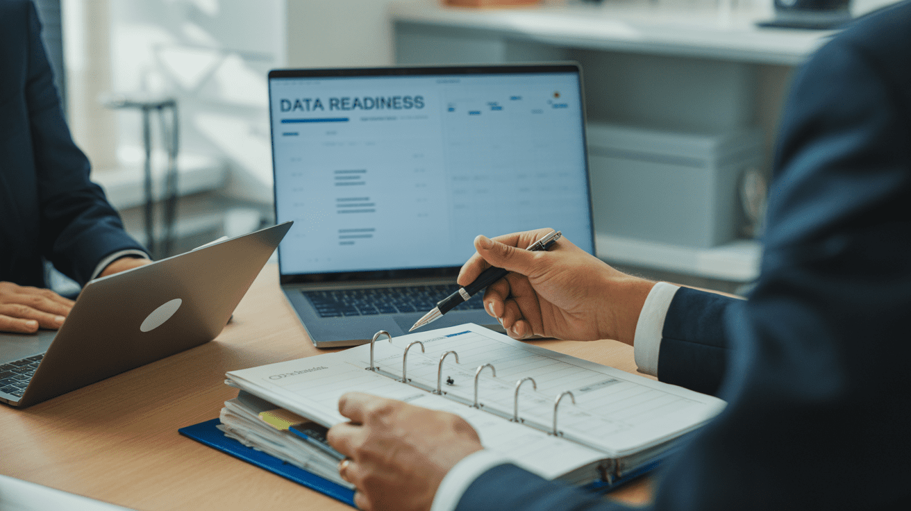 Advisor and operations specialist reviewing client data preparation materials and a blurred dashboard in a modern office.