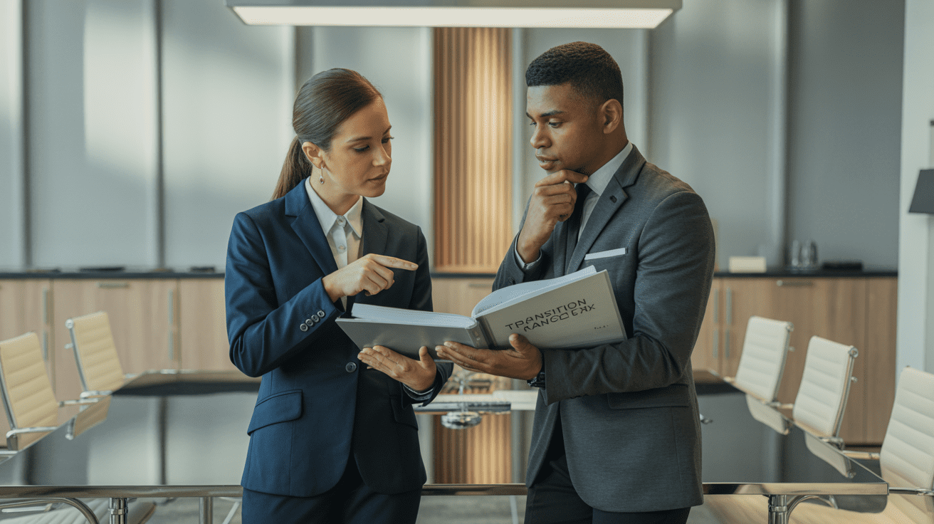 Compliance professional and operations lead reviewing transition risk controls and documentation in a modern office.