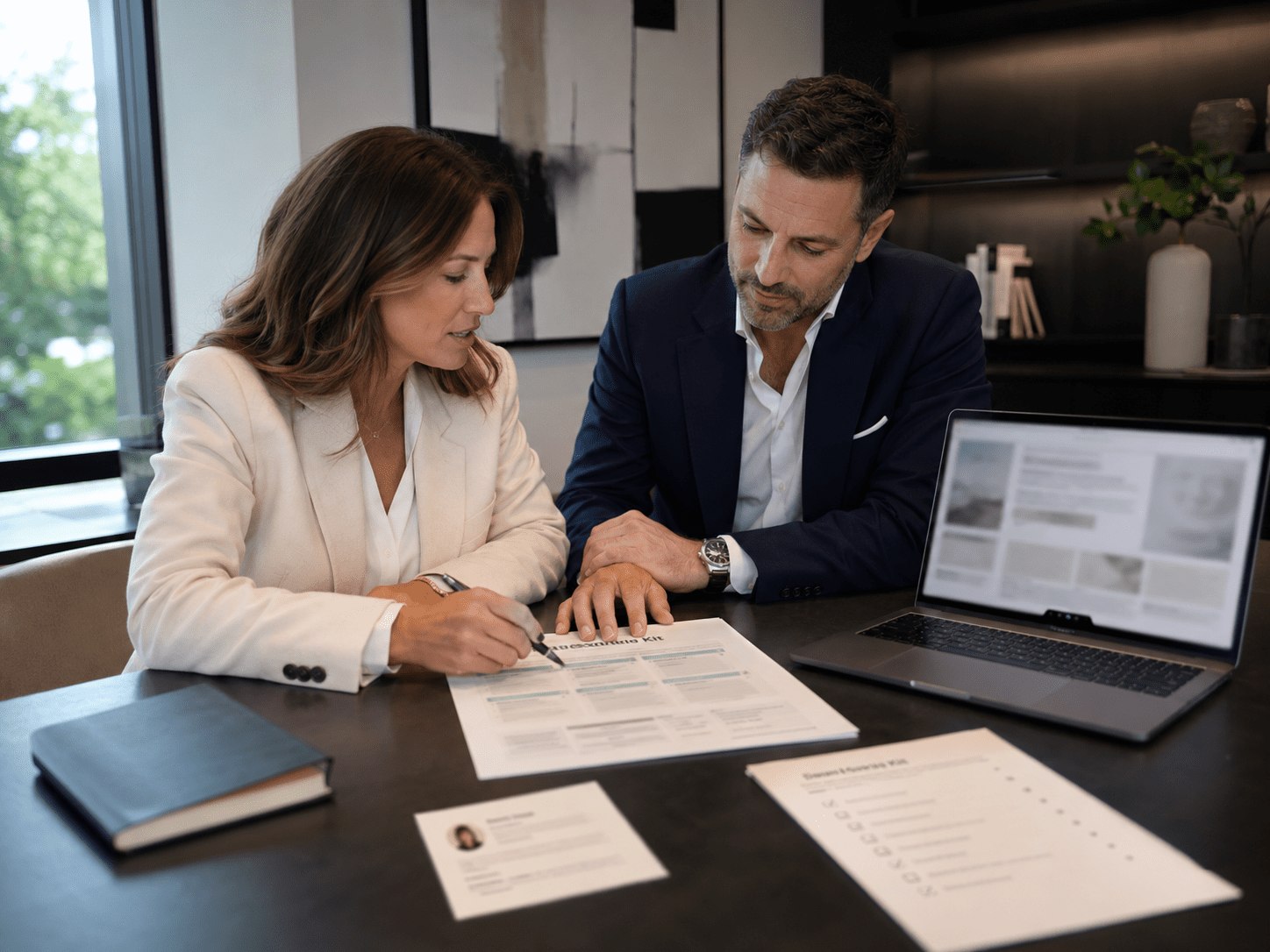 Advisor and team reviewing ideal client messaging and website positioning in a modern office.