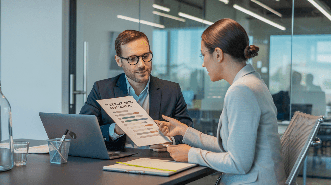 Financial advisor reviewing a transition readiness assessment scorecard with a specialist in a modern office.