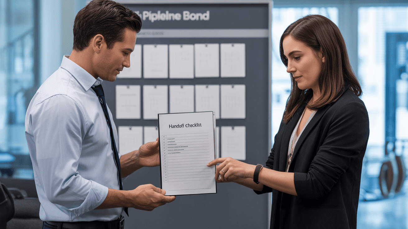 Recruiter and operations specialist reviewing a transition support handoff in a modern office, representing Continuity’s recruiter partner support.