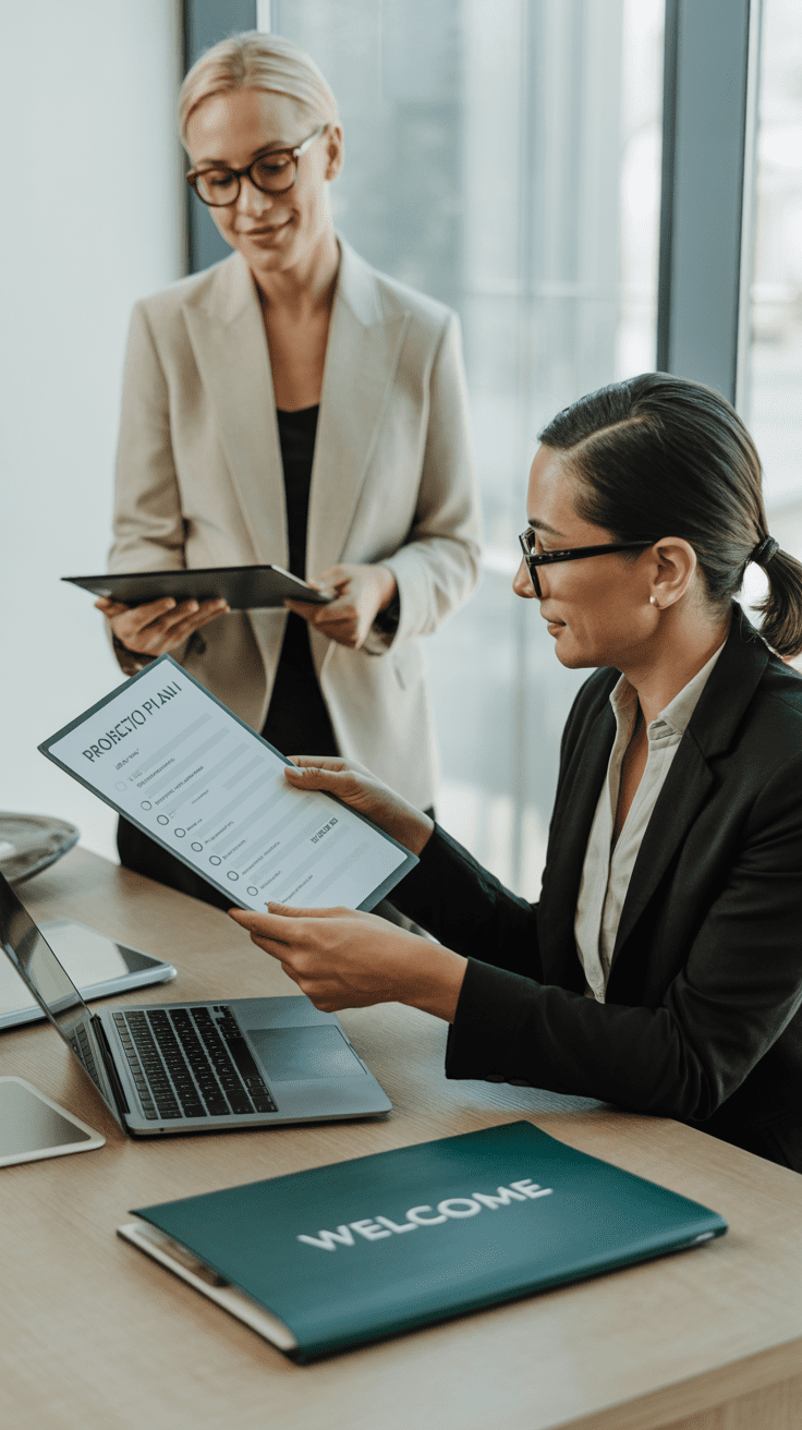 Advisor and operations lead reviewing a transition execution checklist in a modern office setting.