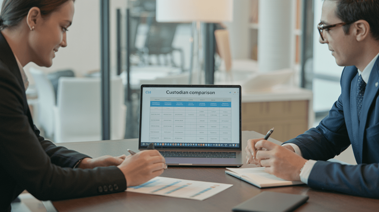Advisor and operations team reviewing an RIA custodian comparison scorecard in a modern office.