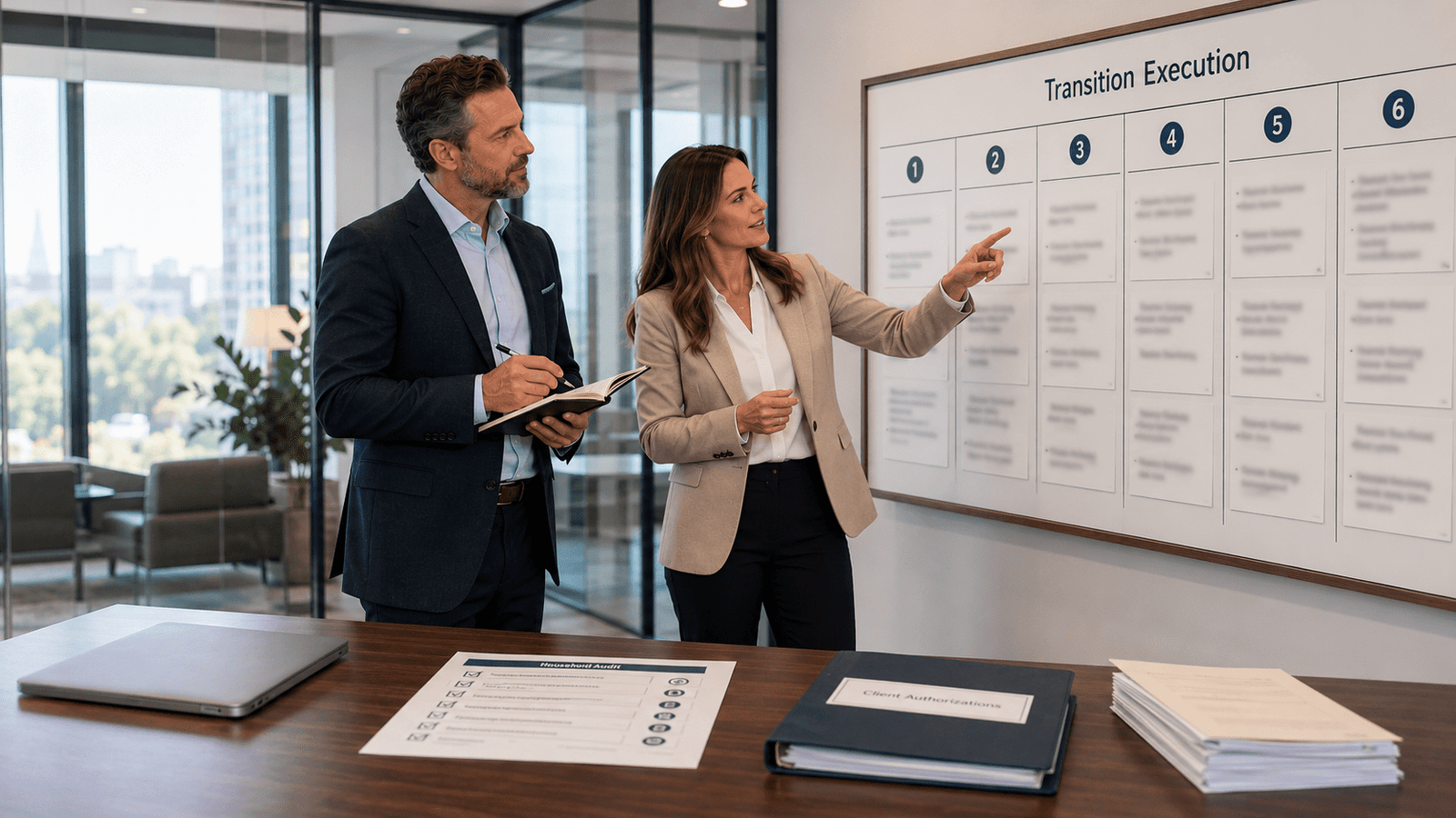Advisor and operations lead reviewing a transition execution process board in a modern office.