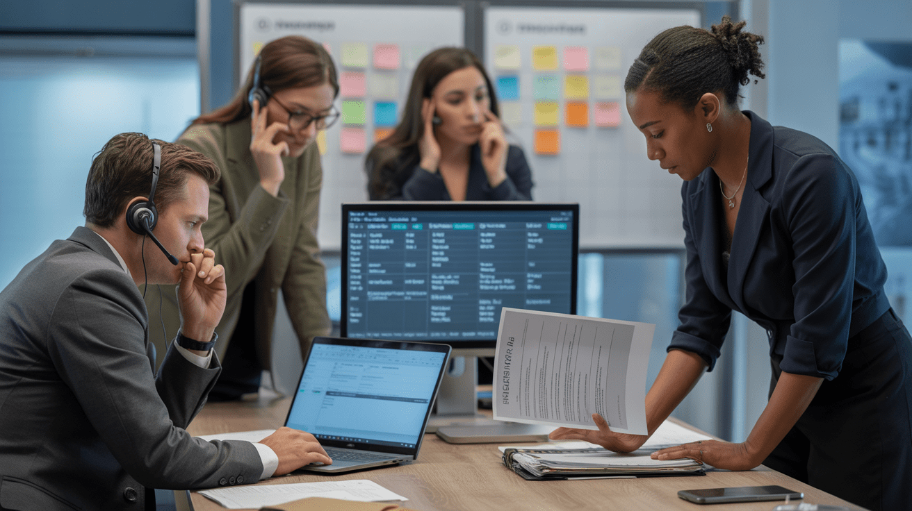 Operations team coordinating advisor transition execution with tracking and document packets in a premium workspace.