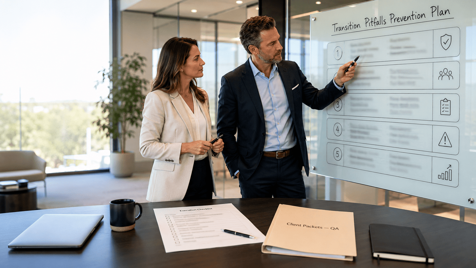 Advisor and operations lead reviewing a transition pitfalls prevention plan in a modern office.