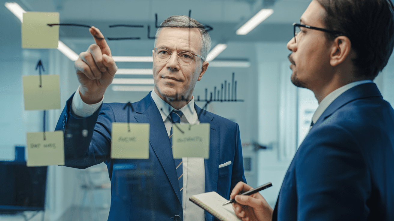 Operations leader mapping transition risks on a glass wall in a modern office, representing Continuity’s transition risk map.