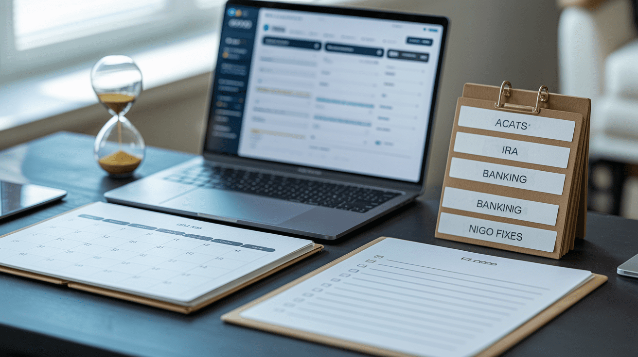 Minimalist desk scene showing a calendar, checklist, and transfer paperwork to illustrate how long an advisor book transition really takes.