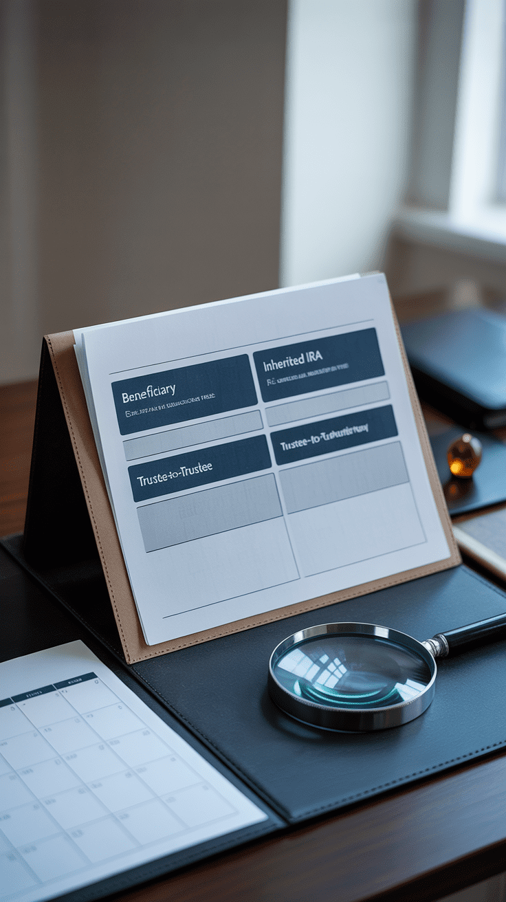 Minimalist desk with beneficiary paperwork and verification icons illustrating what can go wrong with inherited IRAs during an advisor transition.