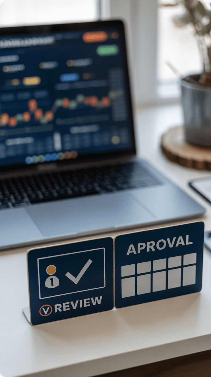Minimalist desk with risk dashboard and approval icons illustrating how margin and options accounts complicate advisor transitions.