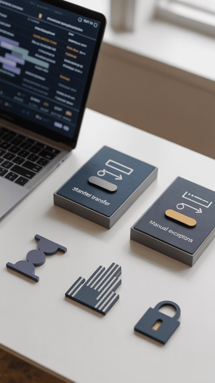 Desk with standard and exception transfer trays and alternative asset icons illustrating how to handle non-ACAT assets during an advisor transition.